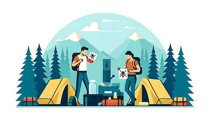 JPG 여자 남자 일러스트 텐트 들기 성인 두명 여름 캠핑 해충 캠핑장 디지털합성 예방 모기 방역 퇴치 성인만 편집소스 국내일러스트 AI일러스트 AI콘텐츠 계절 컨셉 모션 레저 캠핑도구 사람 벌레 파일형식