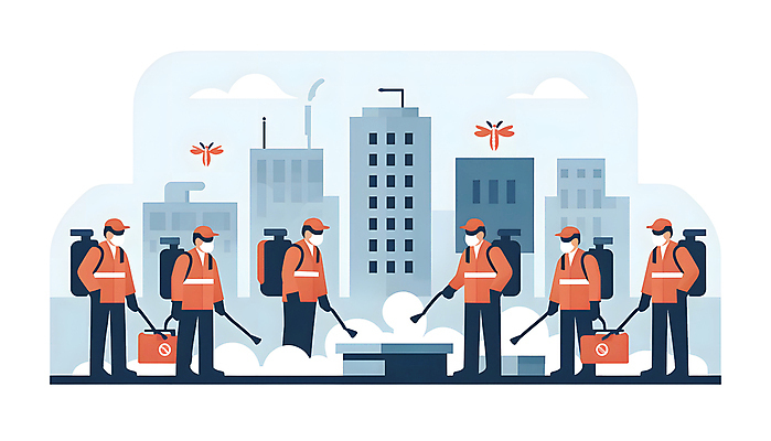 JPG 일러스트 여러명 성인 건물 여름 도시 연기 해충 뿌리기 디지털합성 예방 모기 방역 소독 퇴치 보건 성인만 편집소스 방역사 방역기 국내일러스트 AI일러스트 AI콘텐츠 직업 건축물 계절 다수 컨셉 의학 모션 사람 벌레 파일형식