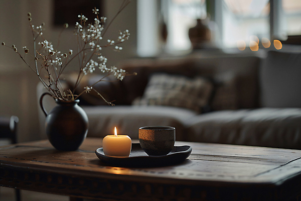 JPG 편집이미지 거실 초 촛불 실내 사람없음 인테리어 소파 나뭇가지 도자기 분위기 보케 나무책상 편집실사 AI포토 AI콘텐츠 나무 디자인 컨셉 의자 내부 목재 책상 CG 파일형식