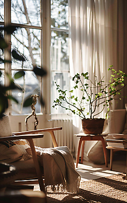 JPG 편집이미지 화분 쿠션 잎 거실 의자 창문 실내 그림자 사람없음 인테리어 햇빛 카펫 나뭇가지 커튼 분위기 담요 편집실사 AI포토 AI콘텐츠 나무 식물 디자인 가구 컨셉 내부 태양 CG 파일형식