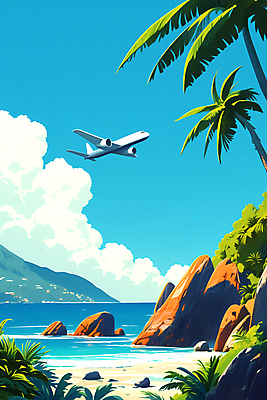 JPG 구름 포스터 파도 섬 여행 일러스트 하늘 휴식 열대 비행기 풍경 해변 사람없음 여름휴가 야자수 바위 열대우림 휴양지 열대잎 국내일러스트 AI일러스트 AI콘텐츠 자연요소 나무 바다 컨셉 잎 항공교통 휴가 대중교통 장소 돌_바위 숲 파일형식 여름_계절