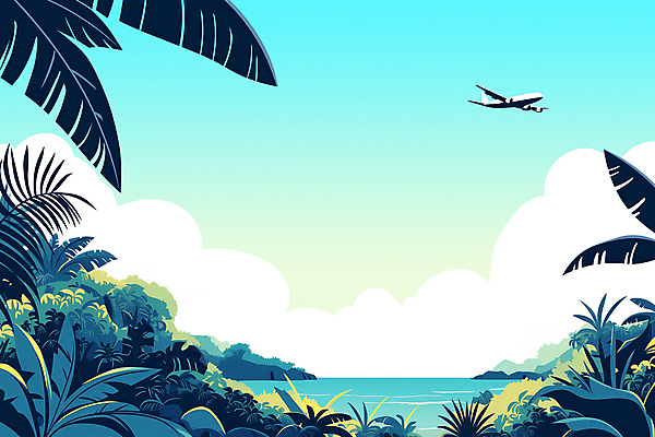 JPG 구름 바다 여행 일러스트 하늘 휴식 열대 비행기 풍경 사람없음 여름휴가 야자수 열대우림 휴양지 야자수잎 열대잎 국내일러스트 AI일러스트 AI콘텐츠 자연요소 나무 컨셉 잎 항공교통 휴가 대중교통 장소 숲 파일형식 여름_계절