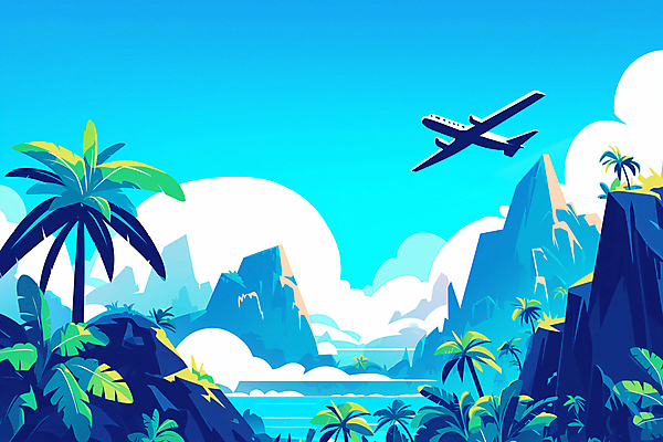 JPG 구름 바다 여행 일러스트 하늘 휴식 열대 비행기 풍경 사람없음 여름휴가 야자수 열대우림 휴양지 야자수잎 열대잎 국내일러스트 AI일러스트 AI콘텐츠 자연요소 나무 컨셉 잎 항공교통 휴가 대중교통 장소 숲 파일형식 여름_계절