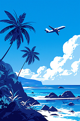 JPG 구름 포스터 파도 바다 여행 일러스트 하늘 휴식 열대 비행기 풍경 사람없음 여름휴가 야자수 열대우림 휴양지 열대잎 국내일러스트 AI일러스트 AI콘텐츠 자연요소 나무 컨셉 잎 항공교통 휴가 대중교통 장소 숲 파일형식 여름_계절