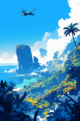 JPG 구름 포스터 바다 여행 일러스트 하늘 휴식 열대 비행기 풍경 사람없음 여름휴가 야자수 열대우림 휴양지 열대잎 국내일러스트 AI일러스트 AI콘텐츠 자연요소 나무 컨셉 잎 항공교통 휴가 대중교통 장소 숲 파일형식 여름_계절