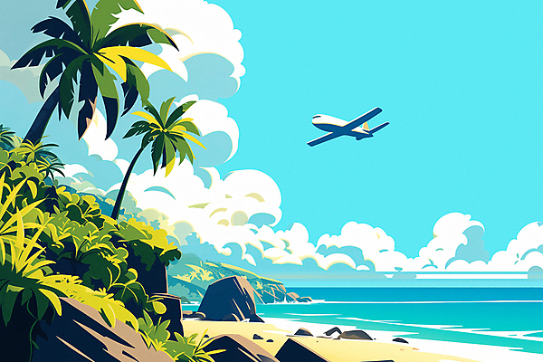 JPG 구름 파도 여행 일러스트 하늘 휴식 열대 비행기 풍경 해변 사람없음 여름휴가 야자수 바위 열대우림 휴양지 국내일러스트 AI일러스트 AI콘텐츠 자연요소 나무 바다 컨셉 항공교통 휴가 대중교통 장소 돌_바위 숲 파일형식 여름_계절