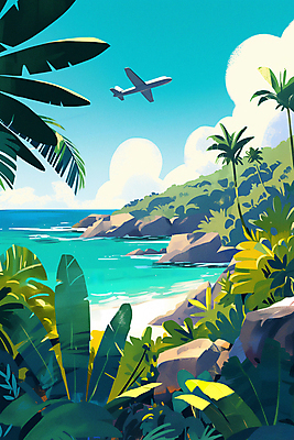 JPG 구름 포스터 파도 여행 일러스트 하늘 휴식 열대 비행기 풍경 해변 사람없음 여름휴가 야자수 열대우림 휴양지 열대잎 국내일러스트 AI일러스트 AI콘텐츠 자연요소 나무 바다 컨셉 잎 항공교통 휴가 대중교통 장소 숲 파일형식 여름_계절