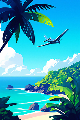 JPG 구름 포스터 파도 여행 일러스트 하늘 휴식 열대 비행기 풍경 해변 사람없음 여름휴가 야자수 바위 열대우림 휴양지 야자수잎 국내일러스트 AI일러스트 AI콘텐츠 자연요소 나무 바다 컨셉 잎 항공교통 휴가 대중교통 장소 돌_바위 숲 파일형식 여름_계절
