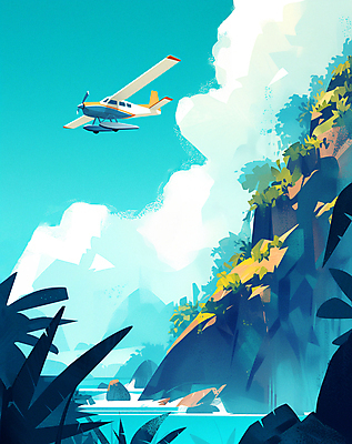 JPG 구름 포스터 여행 일러스트 하늘 휴식 열대 비행기 풍경 사람없음 여름휴가 야자수 절벽 열대우림 휴양지 국내일러스트 AI일러스트 AI콘텐츠 자연요소 나무 컨셉 항공교통 휴가 대중교통 장소 숲 파일형식 여름_계절