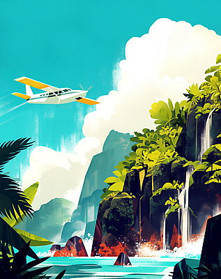 JPG 구름 포스터 여행 일러스트 하늘 휴식 열대 비행기 풍경 사람없음 여름휴가 야자수 폭포 열대우림 휴양지 열대잎 국내일러스트 AI일러스트 AI콘텐츠 자연요소 나무 컨셉 잎 항공교통 자연 휴가 대중교통 장소 숲 파일형식 여름_계절