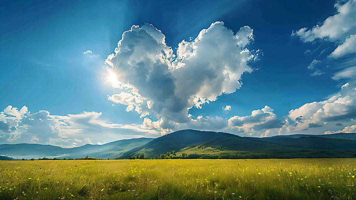 JPG 구름 편집이미지 자연 하늘 산 초원 사람없음 햇빛 환경 맑음 하트 디지털합성 편집실사 AI컴퓨터그래픽 AI콘텐츠 자연요소 모양 날씨 태양 CG 생태계 파일형식