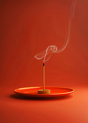 JPG 편집이미지 접시 사람없음 빨간색 연기 편안함 향초 인센스스틱 편집실사 AI포토 AI콘텐츠 식기 컬러 초 감각 CG 향 파일형식