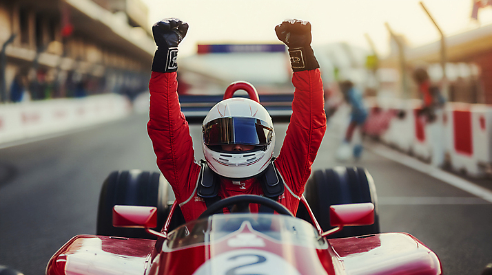 JPG 편집이미지 한명 상반신 성인 빨간색 만세 레이싱 우승 자신감 헬멧 경주용자동차 속도 세레모니 포뮬러 성인한명만 편집실사 AI인물포토 AI콘텐츠 1 감정 컬러 모션 자동차 사람 시합 최고 보호장비 CG 규격 성인만 파일형식 AI포토