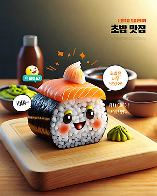 PSD 편집이미지 말풍선 미소 사람없음 반짝임 3D 귀여움 맛 고추냉이 음식캐릭터 따봉 이모티콘 맛집 나무접시 소스그릇 연어초밥 먹방 편집3D 캐릭터 그릇 접시 음식 컨셉 모션 표정 초밥 최고 양념 디지털합성 방송 연어 파일형식