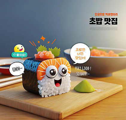 PSD 편집이미지 말풍선 젓가락 미소 사람없음 반짝임 3D 귀여움 맛 고추냉이 간장 음식캐릭터 따봉 이모티콘 맛집 나무접시 소스그릇 연어초밥 먹방 편집3D 캐릭터 그릇 접시 음식 컨셉 모션 수저 표정 초밥 최고 양념 디지털합성 방송 연어 파일형식