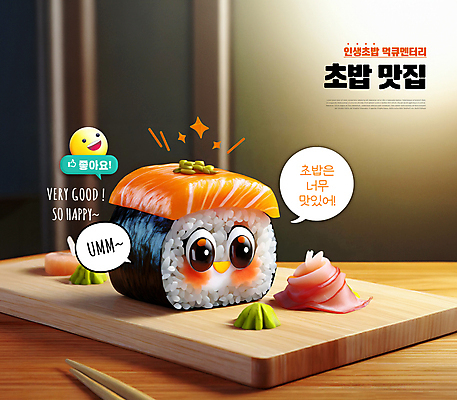 PSD 편집이미지 말풍선 젓가락 미소 사람없음 반짝임 3D 귀여움 맛 음식캐릭터 따봉 이모티콘 맛집 나무접시 생강초절임 연어초밥 와사비과자 먹방 편집3D 캐릭터 접시 음식 컨셉 모션 수저 표정 과자 초밥 최고 디지털합성 방송 연어 절임 파일형식