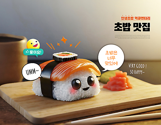 PSD 편집이미지 말풍선 젓가락 미소 사람없음 반짝임 3D 귀여움 맛 찻잔 고추냉이 음식캐릭터 김초밥 따봉 이모티콘 맛집 나무접시 연어초밥 먹방 편집3D 캐릭터 접시 음식 컨셉 모션 잔 수저 표정 초밥 최고 양념 디지털합성 방송 연어 파일형식