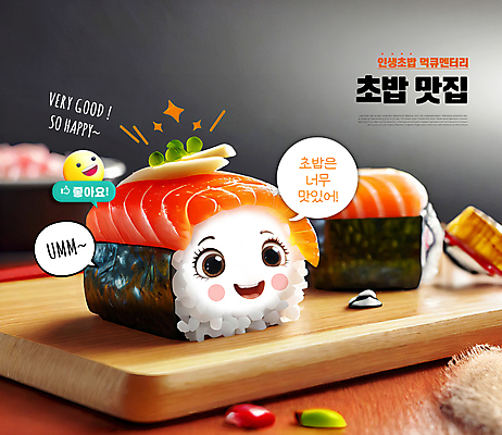 PSD 편집이미지 말풍선 미소 사람없음 반짝임 3D 귀여움 맛 음식캐릭터 따봉 이모티콘 맛집 나무접시 연어초밥 먹방 편집3D 캐릭터 접시 음식 컨셉 모션 표정 초밥 최고 디지털합성 방송 연어 파일형식