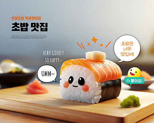 PSD 편집이미지 말풍선 미소 사람없음 반짝임 3D 귀여움 맛 음식캐릭터 따봉 이모티콘 맛집 나무접시 바다포도 연어초밥 먹방 편집3D 캐릭터 접시 음식 컨셉 모션 표정 초밥 최고 해조류 디지털합성 방송 연어 파일형식