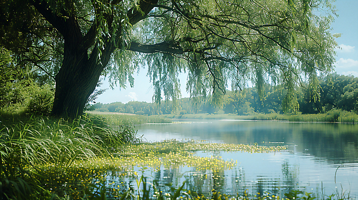 JPG 편집이미지 호수 자연 나뭇잎 그림자 풍경 사람없음 여름 반사 풀 그늘 버드나무 디지털합성 편집실사 AI포토 AI콘텐츠 나무 식물 계절 잎 CG 생태계 파일형식