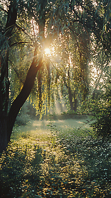 JPG 편집이미지 자연 나뭇잎 그림자 풍경 사람없음 여름 햇빛 일몰 풀 그늘 버드나무 디지털합성 편집실사 AI포토 AI콘텐츠 나무 식물 계절 잎 태양 노을 CG 생태계 파일형식