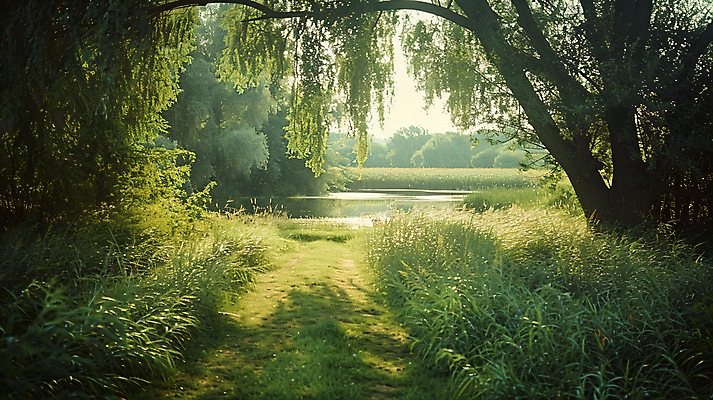 JPG 편집이미지 길 호수 자연 나뭇잎 그림자 풍경 잔디 사람없음 여름 햇빛 풀 그늘 버드나무 디지털합성 편집실사 AI포토 AI콘텐츠 나무 식물 계절 잎 태양 CG 생태계 파일형식