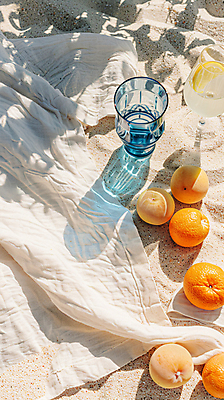 JPG 편집이미지 모래 오렌지 잔 그림자 해변 사람없음 물 여름 햇빛 소풍 천 레몬 디지털합성 슬라이스 편집실사 AI포토 AI콘텐츠 자연요소 식기 계절 바다 과일 태양 야외활동 직물 CG 파일형식