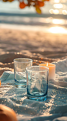 JPG 편집이미지 초 잔 그림자 해변 사람없음 여름 햇빛 소풍 일몰 천 디지털합성 편집실사 AI포토 AI콘텐츠 식기 계절 바다 태양 야외활동 노을 직물 CG 파일형식