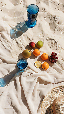 JPG 편집이미지 모래 오렌지 포도 잔 키위 그림자 해변 사람없음 여름 햇빛 소풍 레몬 디지털합성 밀짚모자 자두 편집실사 AI포토 AI콘텐츠 모자_잡화 식기 계절 바다 과일 태양 야외활동 CG 파일형식