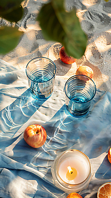 JPG 편집이미지 물결 오렌지 초 나뭇잎 잔 그림자 해변 사람없음 여름 햇빛 소풍 사과 천 디지털합성 비치타올 편집실사 AI포토 AI콘텐츠 식기 계절 바다 잎 과일 수건 태양 야외활동 직물 CG 파일형식