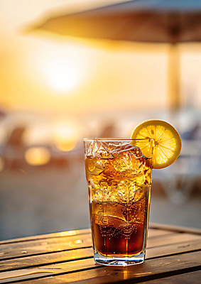 JPG 편집이미지 휴가 휴식 잔 해변 사람없음 햇빛 얼음 일몰 파라솔 시원함 레몬 휴양지 슬라이스 콜라 편집실사 AI포토 AI콘텐츠 자연요소 식기 바다 컨셉 과일 태양 노을 장소 CG 탄산음료 파일형식