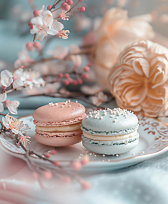 JPG 편집이미지 접시 사람없음 장식 장미 두개 벚꽃 나뭇가지 마카롱 파스텔톤 스프링클 편집실사 AI포토 AI콘텐츠 나무 식기 꽃 컬러 2 디저트 CG 파일형식