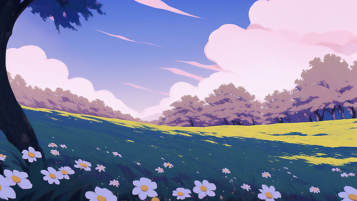 JPG 나무 구름 꽃 일러스트 자연 하늘 그림자 잔디 초원 사람없음 여름 일몰 숲 언덕 국내일러스트 AI일러스트 AI콘텐츠 자연요소 식물 계절 노을 생태계 파일형식