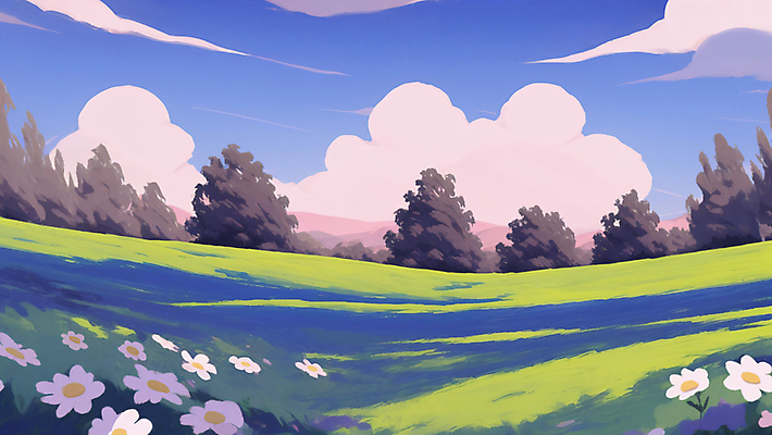JPG 나무 구름 꽃 일러스트 자연 하늘 그림자 잔디 초원 사람없음 여름 일몰 숲 언덕 국내일러스트 AI일러스트 AI콘텐츠 자연요소 식물 계절 노을 생태계 파일형식