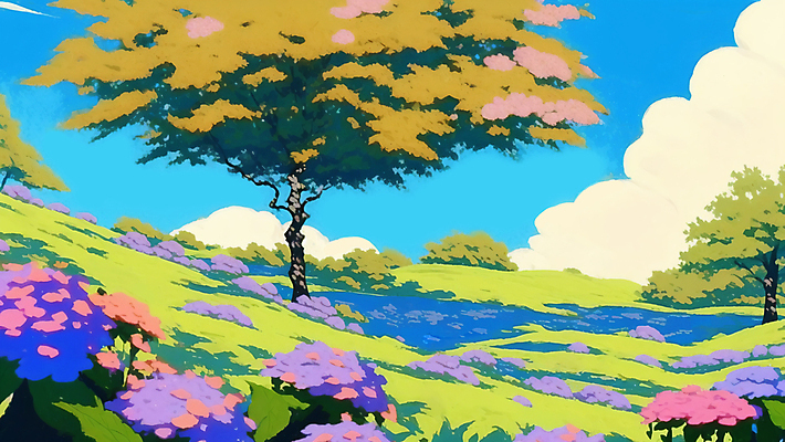 JPG 나무 구름 꽃밭 일러스트 자연 하늘 그림자 잔디 초원 사람없음 여름 맑음 보라색 숲 언덕 국내일러스트 AI일러스트 AI콘텐츠 자연요소 식물 계절 꽃 컬러 날씨 생태계 파일형식