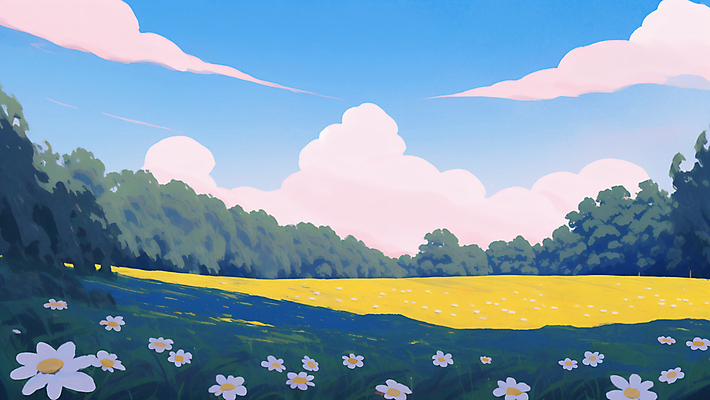 JPG 나무 구름 꽃 일러스트 자연 하늘 그림자 잔디 초원 사람없음 여름 일몰 숲 국내일러스트 AI일러스트 AI콘텐츠 자연요소 식물 계절 노을 생태계 파일형식