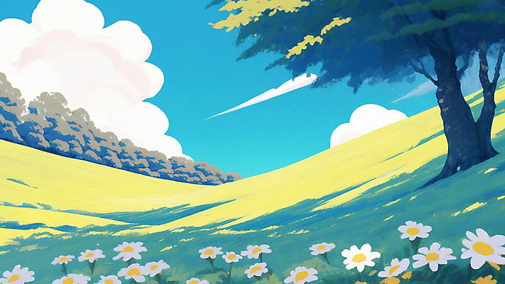 JPG 나무 구름 꽃 일러스트 자연 하늘 그림자 잔디 초원 사람없음 여름 맑음 숲 언덕 국내일러스트 AI일러스트 AI콘텐츠 자연요소 식물 계절 날씨 생태계 파일형식