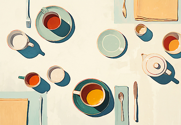 PSD 라이프스타일 포크 일러스트 티타임 수채화 사람없음 카페 나이프 차 찻잔 티스푼 찻주전자 컵받침 감성 홍차 리빙 테이블매트 국내일러스트 식기 음료 컨셉 주전자 휴식 잔 생활 차_음료 상점 숟가락 식탁보 칼 받침대 파일형식