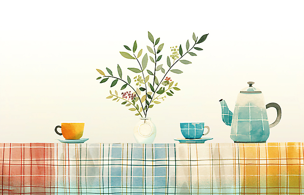 PSD 라이프스타일 잎 일러스트 탁자 티타임 수채화 사람없음 꽃병 카페 식탁보 차 찻잔 찻주전자 컵받침 체크무늬 감성 리빙 국내일러스트 식물 꽃 음료 가구 컨셉 무늬 주전자 휴식 잔 생활 상점 받침대 파일형식