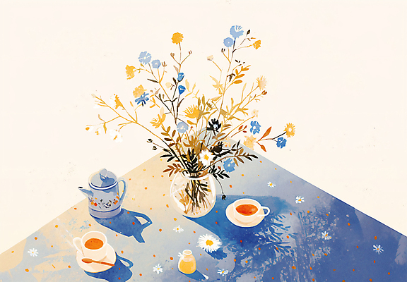 PSD 라이프스타일 일러스트 탁자 티타임 수채화 그림자 사람없음 파란색 꽃병 카페 식탁보 차 찻잔 티스푼 찻주전자 컵받침 감성 홍차 리빙 국내일러스트 꽃 음료 컬러 가구 컨셉 주전자 휴식 잔 생활 차_음료 상점 숟가락 받침대 파일형식