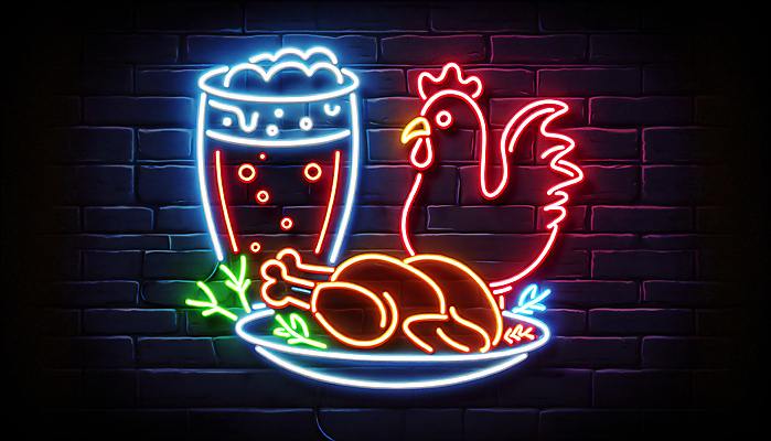 JPG 편집이미지 간판 맥주 사람없음 빛 치킨 닭 야간 디지털합성 네온 맥주잔 LED 편집실사 AI포토 AI콘텐츠 자연요소 술잔 전구 조류 주류 CG 닭고기요리 파일형식