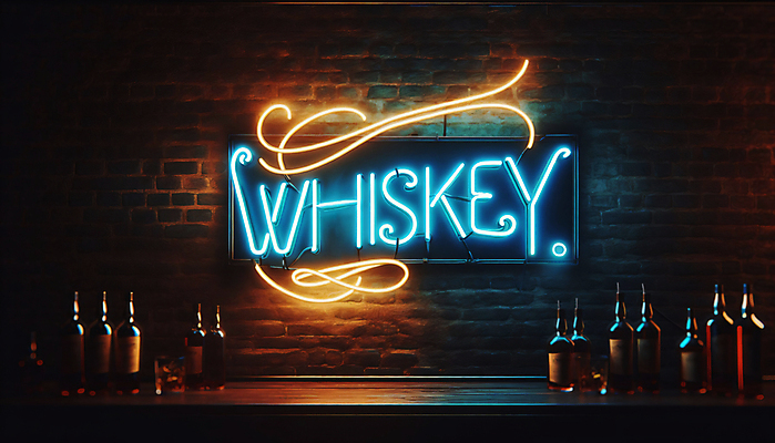 JPG 편집이미지 영어 곡선 간판 사람없음 빛 야간 디지털합성 네온 위스키 위스키병 LED 편집실사 AI포토 AI콘텐츠 자연요소 문자 선 전구 주류 CG 파일형식