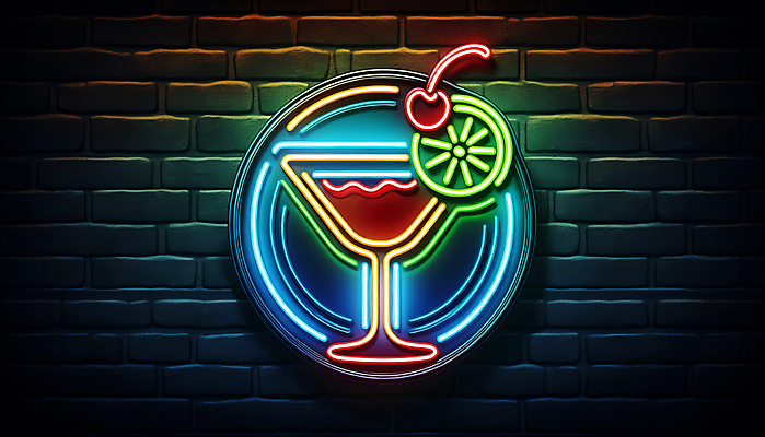 JPG 편집이미지 간판 사람없음 빛 칵테일 체리 야간 디지털합성 슬라이스 네온 라임 LED 편집실사 AI포토 AI콘텐츠 자연요소 과일 전구 주류 CG 파일형식