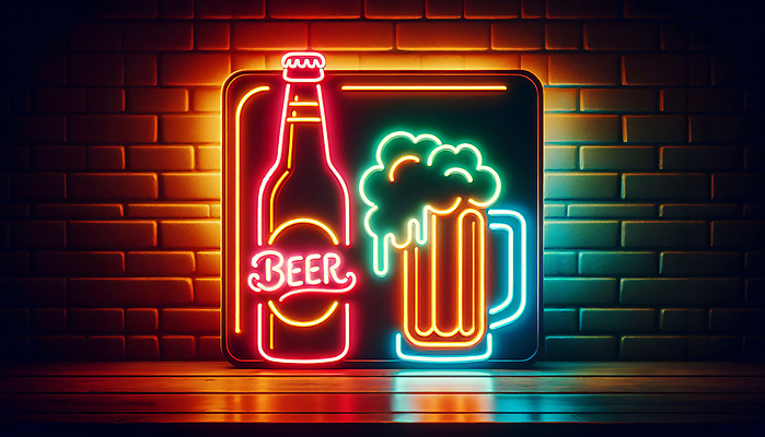 JPG 편집이미지 간판 맥주 사람없음 빛 야간 디지털합성 네온 맥주잔 맥주병 LED 편집실사 AI포토 AI콘텐츠 자연요소 술잔 전구 술병 주류 CG 파일형식