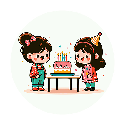 전신 여자 행복 리본 어린이 일러스트 촛불 탁자 미소 소녀 두명 파티 케이크 고깔모자 소녀만 벡터 국내일러스트 AI파일 모자_잡화 감정 가구 초 디저트 표정 사람 이벤트 여자만 어린이만 파일형식