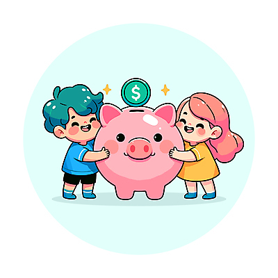 전신 여자 남자 행복 어린이 일러스트 안기 웃음 소녀 소년 두명 동전 저축 돼지저금통 어린이만 벡터 국내일러스트 AI파일 감정 돈 모션 표정 사람 금융 저금통 파일형식