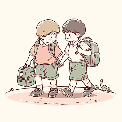 전신 남자 어린이 일러스트 책가방 미소 들기 소년 두명 친구 걷기 손잡기 유치원 소년만 국내일러스트 AI파일 교육 가방 관계 모션 표정 사람 남자만 어린이만 파일형식 벡터