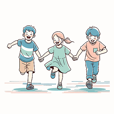 전신 여자 남자 어린이 일러스트 웃음 소녀 소년 세명 친구 달리기 손잡기 유치원 어린이만 국내일러스트 AI파일 교육 관계 모션 표정 사람 파일형식 벡터