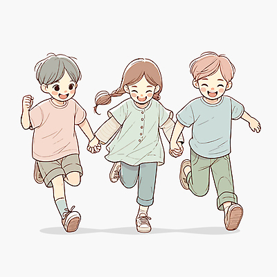 전신 여자 남자 어린이 일러스트 미소 소녀 소년 세명 친구 달리기 손잡기 유치원 어린이만 국내일러스트 AI파일 교육 관계 모션 표정 사람 파일형식 벡터