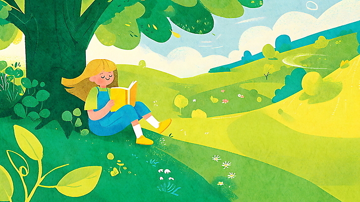 전신 PSD 나무 여자 여유 어린이 일러스트 자연 바람 휴식 한명 앉기 소녀 야외 책 연두색 독서 햇빛 평화 눈감음 풀 언덕 소녀한명만 국내일러스트 자연요소 식물 1 감정 컨셉 모션 날씨 사람 초록색 태양 생태계 여자한명만 소녀만 파일형식
